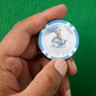 Blauer Teddybär auf Wal-Jungen-Baby-Party Pokerchips
