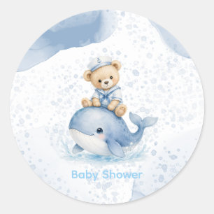 Blauer Teddybär auf Wal-Jungen-Baby-Party Runder Aufkleber