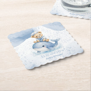 Blauer Teddybär auf Wal-Jungen-Baby-Party Untersetzer