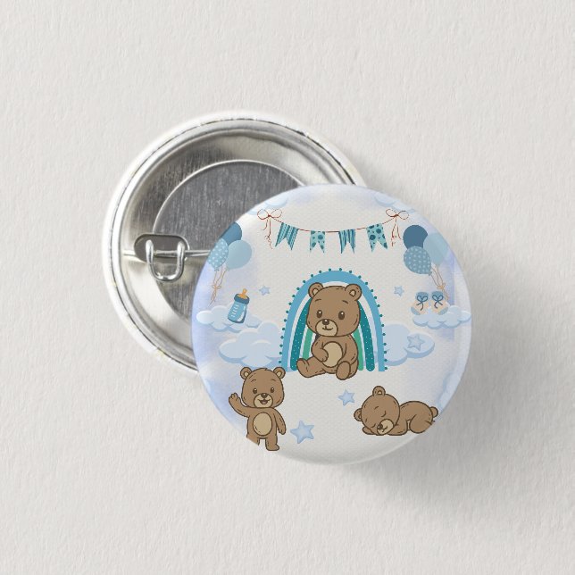 Blauer Teddybär-Baby-Party  Button (Vorne & Hinten)