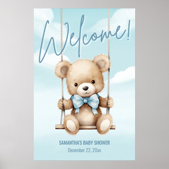 Blauer Teddybär Baby Shower Poster (Vorne)
