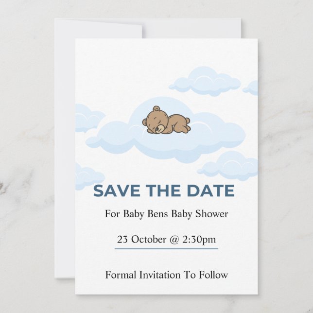 Blauer Teddybär Baby Shower Save the Date Karte (Vorderseite)