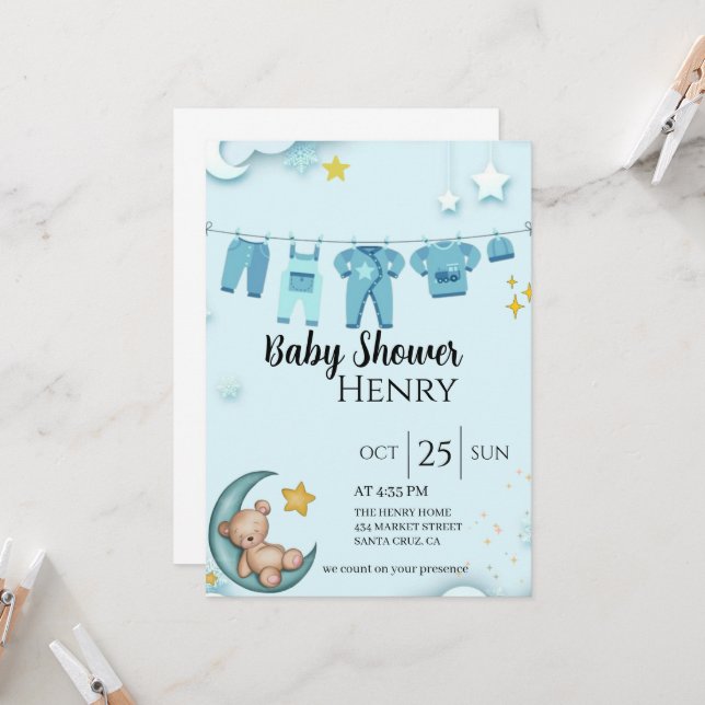 Blauer Teddybär Babydusche Einladung (Vorderseite/Rückseite Beispiel)