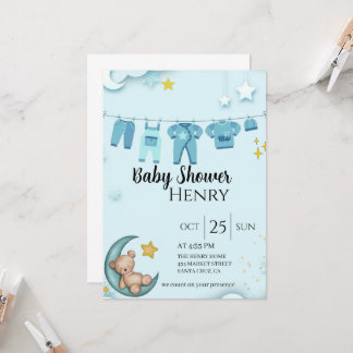 Blauer Teddybär Babydusche Einladung