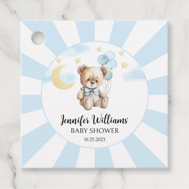 Blauer Teddybär Ballons Baby Junge Dusche Anhänger (Vorderseite)