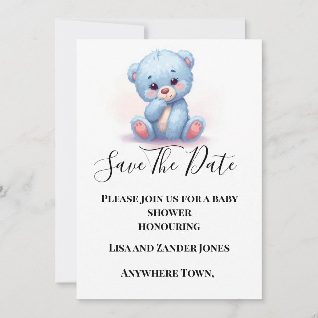Blauer Teddybär für Babyjungen - Save-the-Date-Ein Einladung (Vorderseite)