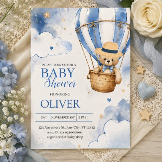 Blauer Teddybär Heißluftballon Junge Baby Shower Einladung