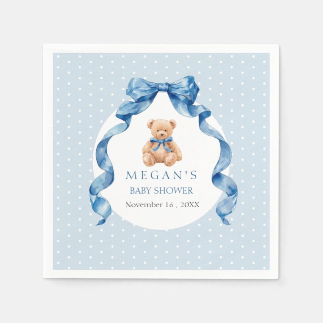 Blauer Teddybär Junge Baby Shower  Serviette (Vorderseite)