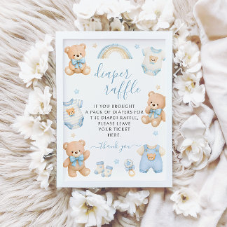 Blauer Teddybär Junge Boho Windelraffel Baby Showe Einladung