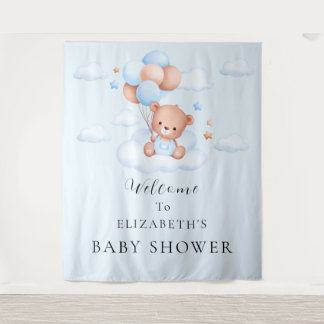 Blauer Teddybär-Jungen-Baby-Party Wandteppich