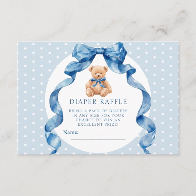 Blauer Teddybär-Windel-Raffle-Ticket Begleitkarte (Vorderseite)