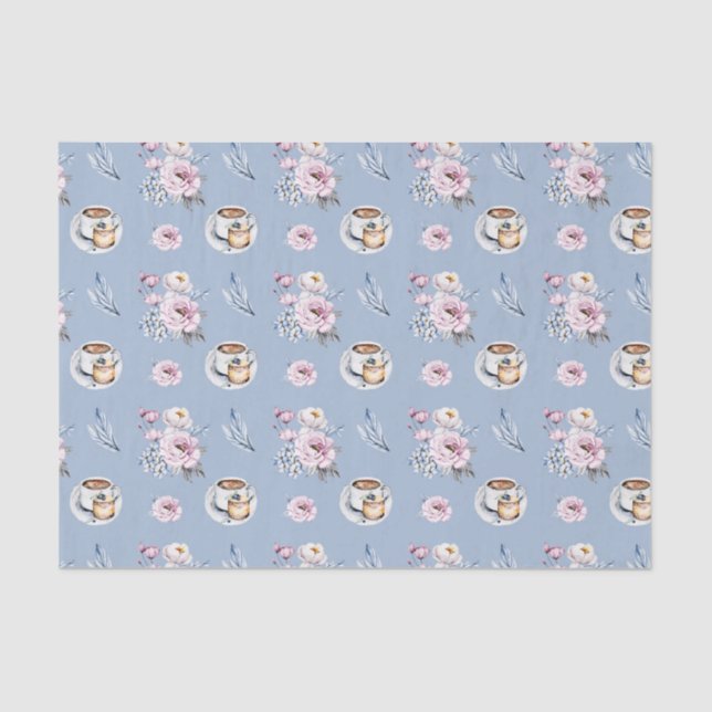 Blauer Teebecher mit rosa Blume Seidenpapier (Vorderseite)