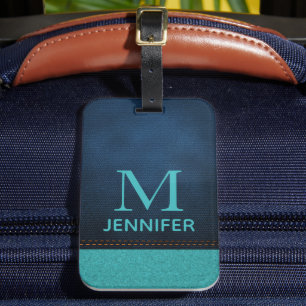 Blauer Texturledermonogramm Personalisierter Name Gepäckanhänger