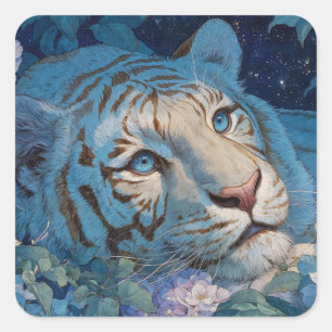 Blauer Tiger in üppigem Lavendel und blauen Blumen Quadratischer Aufkleber