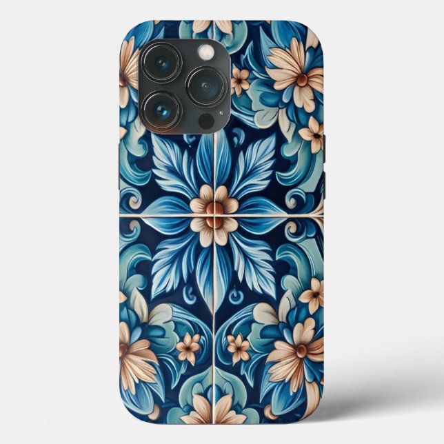 Blauer Tile mit Blume Muster Case-Mate iPhone Hülle (Rückseite)
