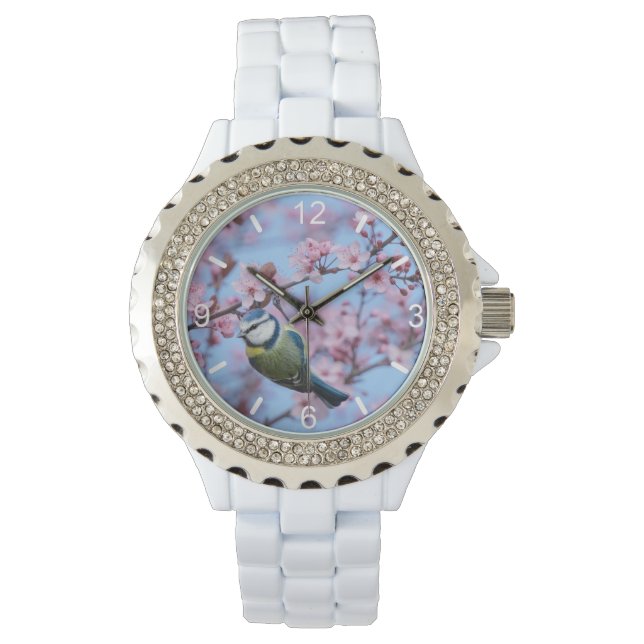 Blauer Tit Bird in rosa, japanische Kirschblüten - Armbanduhr (Vorderseite)