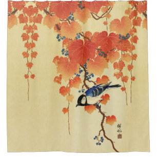 Blauer Tit Bird, Paulownia Zweig, Roter Herbst Blä Duschvorhang