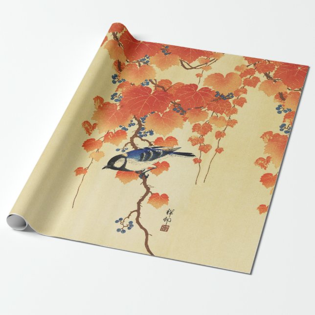 Blauer Tit Bird, Paulownia Zweig, Roter Herbst Blä Geschenkpapier (Ungerollt)