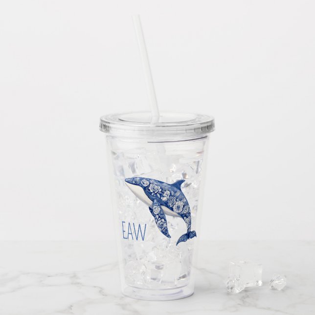 Blauer Toile Floral Beach Dolphin Monogramm Acryltrinkbecher (Vorderseite Ice)