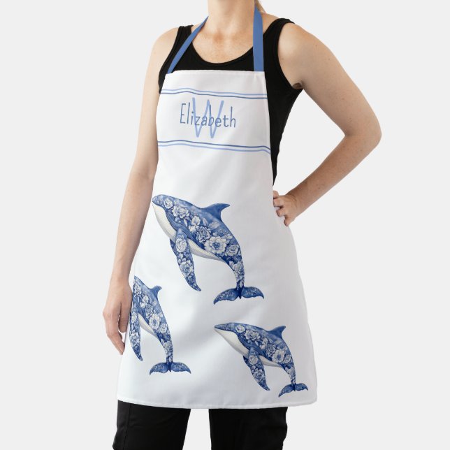 Blauer Toile Floral Beach Dolphin Monogramm Schürze (InSitu)