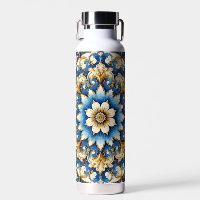 Blauer Ton Blumendesign Trinkflasche (Vorne)