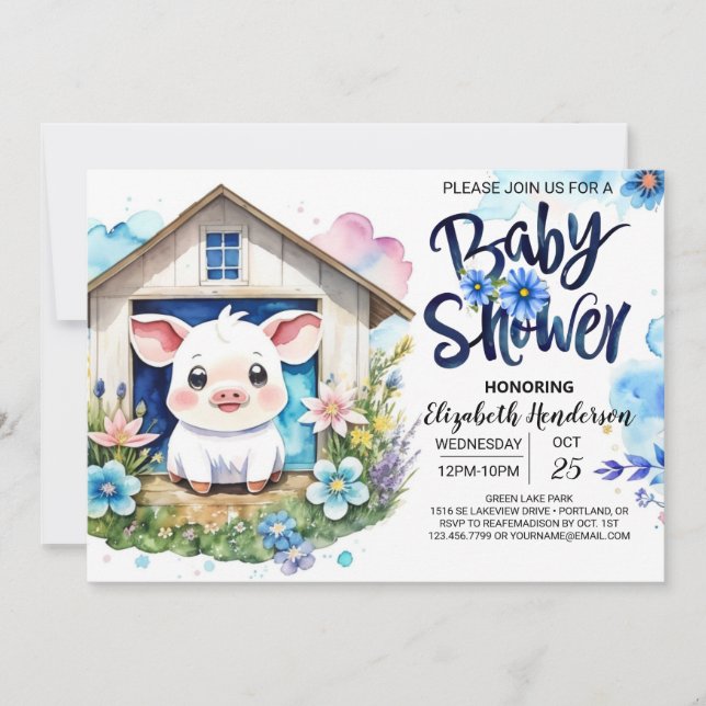 Blauer Traum der Schweinefarm Baby-Dusche Einladung (Vorderseite)