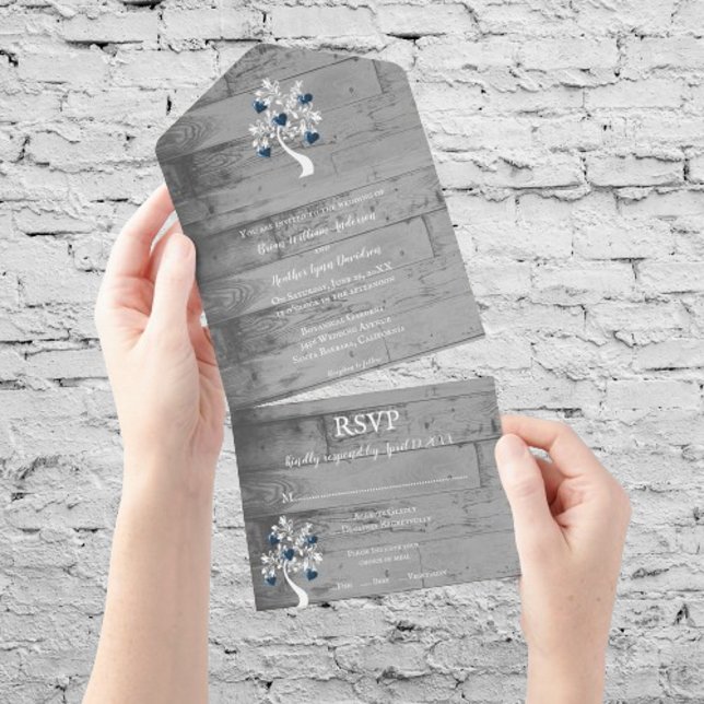 Blauer Tree des Herzens in einer Hochzeit All In One Einladung (Blue Tree of Hearts All in One Wedding Invite)
