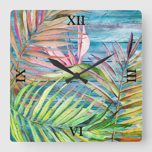 Blauer tropischer Garten Der Vogel des Paradise Pa Quadratische Wanduhr (Vorderseite)