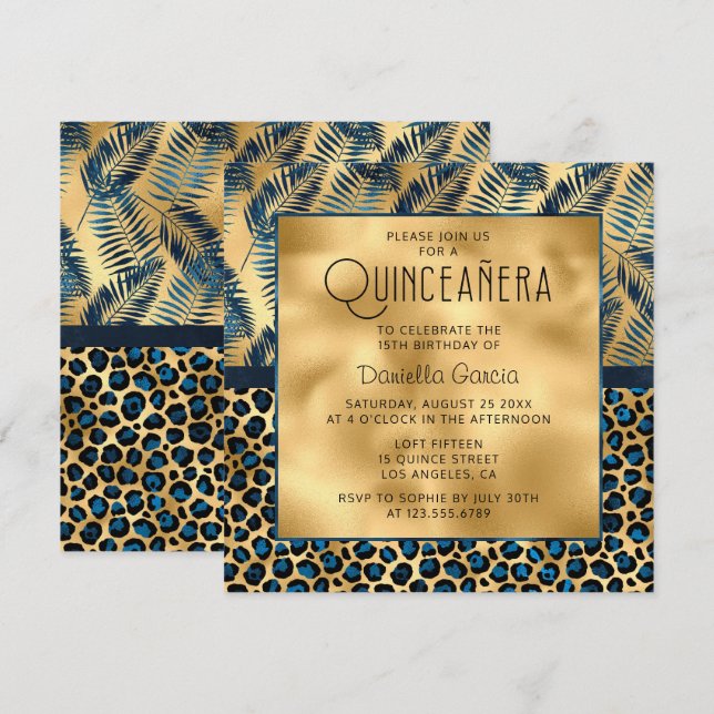 Blauer tropischer Leopard Print Shimmer Quinceañer Einladung (Vorne/Hinten)