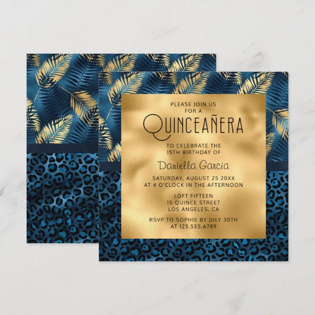 Blauer tropischer Leopard Print Shimmer Quinceañer Einladung (Vorne/Hinten)