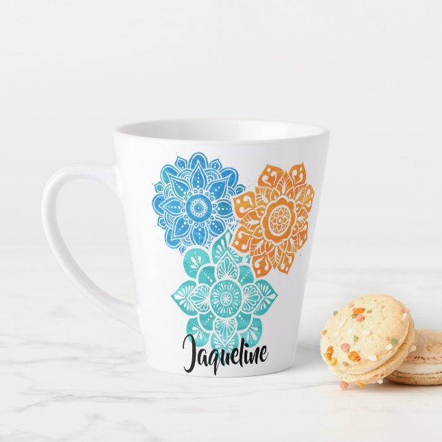 Blauer Türkis Orange Mandalas mit Blumen Milchtasse (Beispiel)