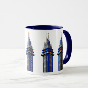 Blauer Turm der Zukunft: Sci-Fi Art Deco Aufkleber Tasse