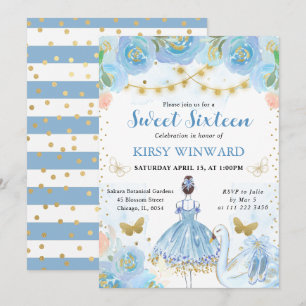 Blauer Tutu Braunhaar Ballerina Sweet 16 Einladung