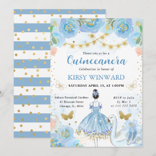 Blauer Tutu Schwarze Haare Ballerina Quinceanera Einladung