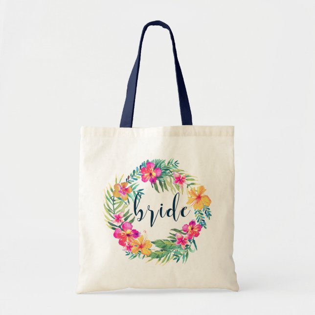 Blauer Typografie und tropische Blume Kranz Tragetasche (Vorne)