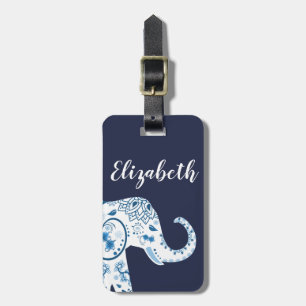 Blauer u. weißer Lotos-Bohemischer Elefant u. Name Gepäckanhänger