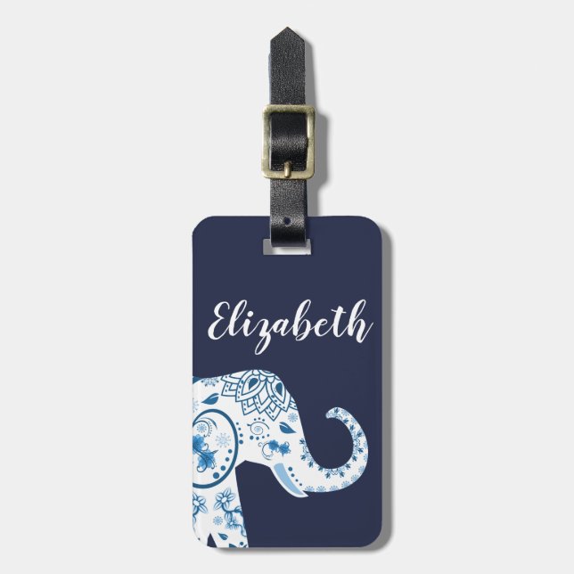 Blauer u. weißer Lotos-Bohemischer Elefant u. Name Gepäckanhänger (Vorderseite vertikal)