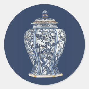Blauer u. weißer Porzellan-Vase durch Runder Aufkleber