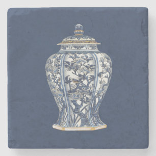 Blauer u. weißer Porzellan-Vase durch Steinuntersetzer