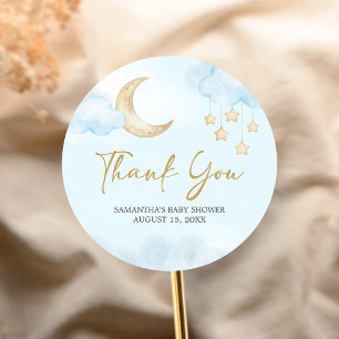 Blauer Über-den-Mond-Baby-Shower Runder Aufkleber