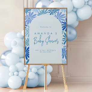 Blauer und Aquamariner Retro Floral Groovy Baby Em Poster