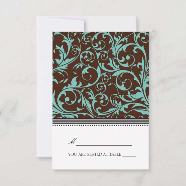 Blauer und brauner Swirl Faltenwurf Zelt-Platzkart Einladung (Vorderseite)