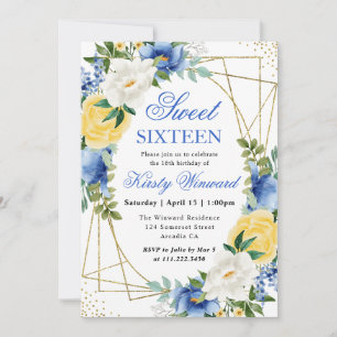 Blauer und gelbe Blumen Goldrahmen Sweet 16 Einladung