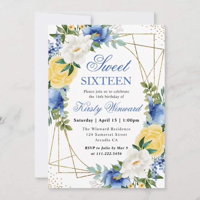 Blauer und gelbe Blumen Goldrahmen Sweet 16 Einladung (Vorderseite)