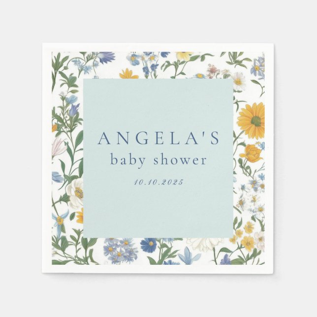 Blauer und gelbe Blütenblume Rustikale Babydusche Serviette (Vorderseite)