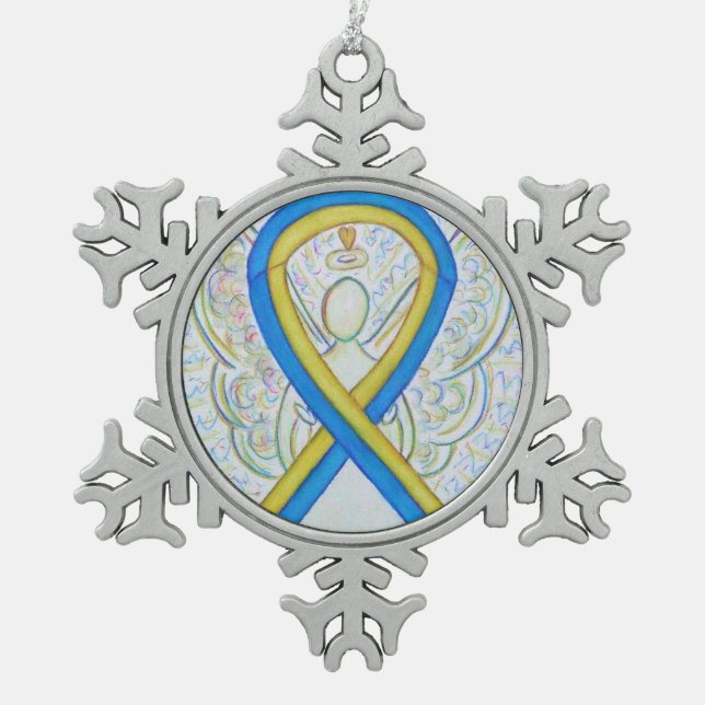 Blauer und gelber Angel Schneeflocken Zinn-Ornament (Vorderseite)
