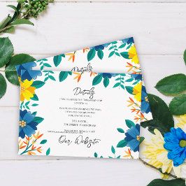 Blauer und gelber Blumenstrauß Details zu Hochzeit Begleitkarte