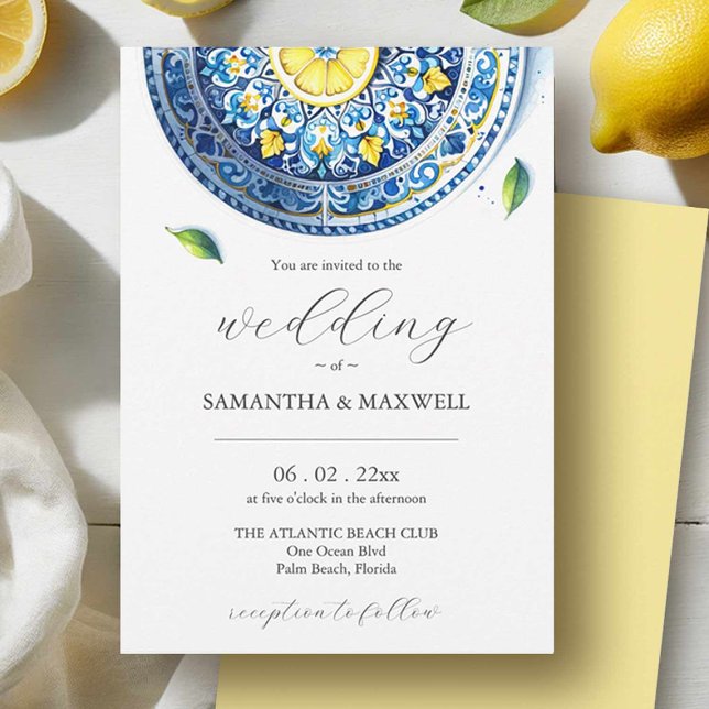 Blauer und gelber Hochzeitsdruck Einladung (Blue and yellow wedding invitation party of a stationery suite.)