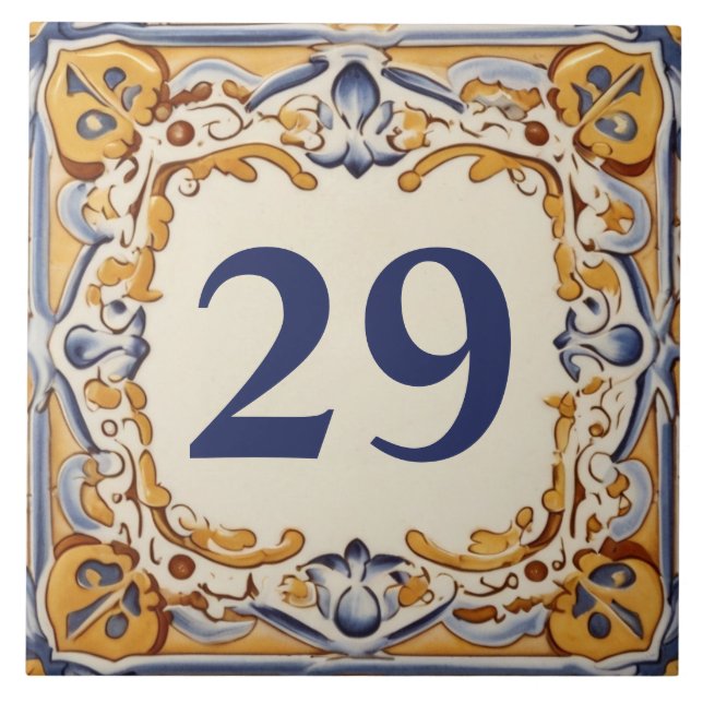 Blauer und gelber Mittelmeerraum Hausnummer Plaque Fliese (Vorderseite)