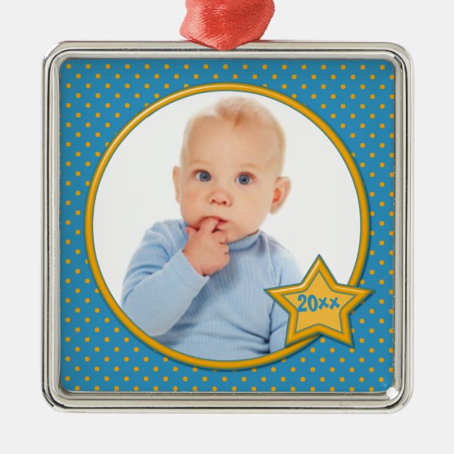Blauer und gelber Polka Dot Foto Premium Ornament (Vorne)